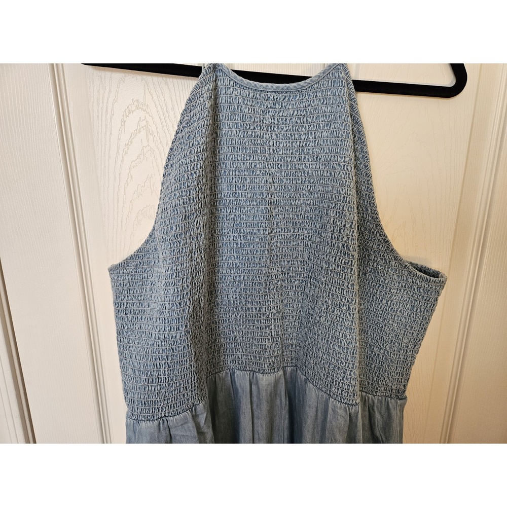 NWT Venus Light Wash Blue Denim Smocked Bodice Halter Tiered Maxi Dress, Plus 3X - Picture 2 of 9